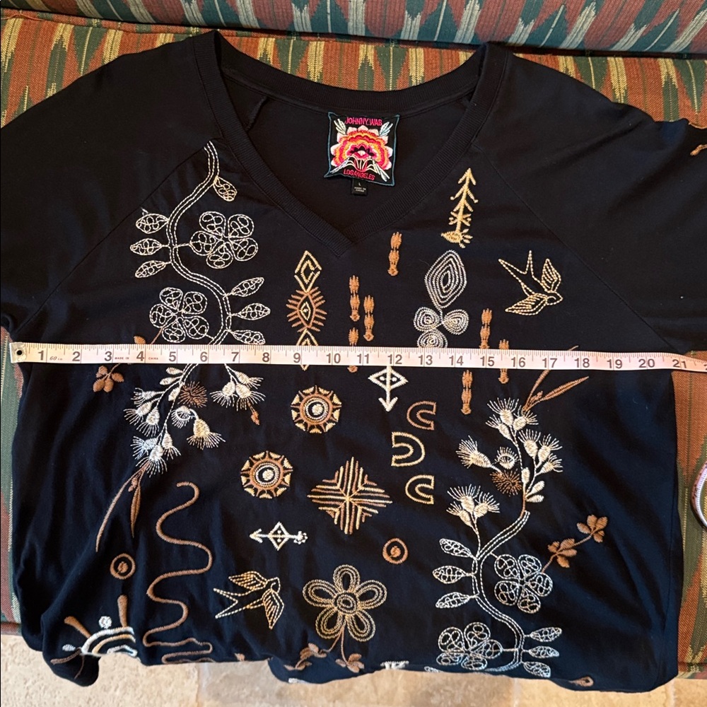 Johnny Was Black Top with Intricate Embroidery in White and Copper - Picture 6 of 6